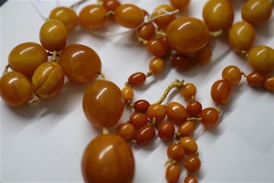 A large single strand graduated oval amber bead necklace,